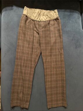 GAP Maternity Brown Plaid Ankle Pants with Tan Elastic Waistband